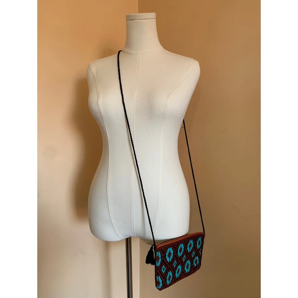 Handmade Embroidered Boho Crossbody Bag Black Turquoise Geometric Tassel